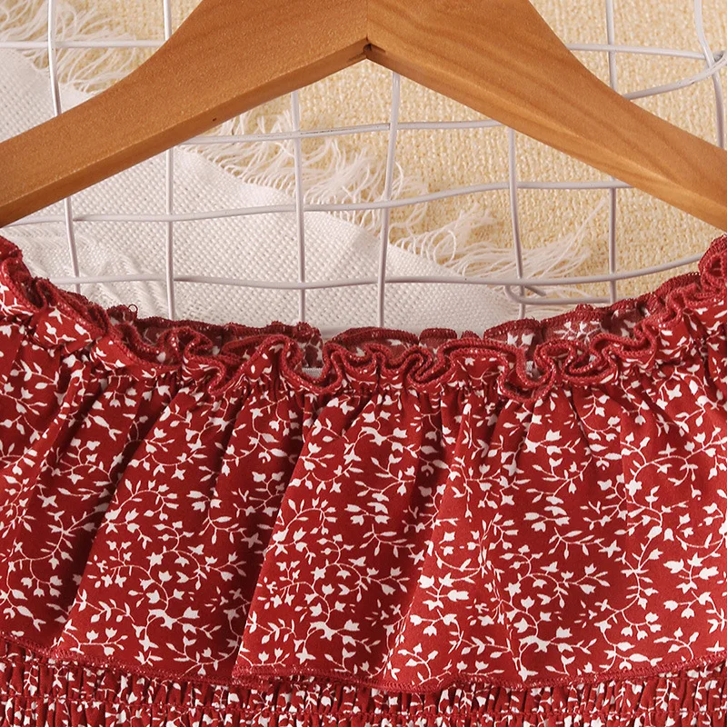 Cute Square Collar Puff Sleeve Kids Frock Red Cotton Floral Printed Summer Dress for Girls Off Shoulder