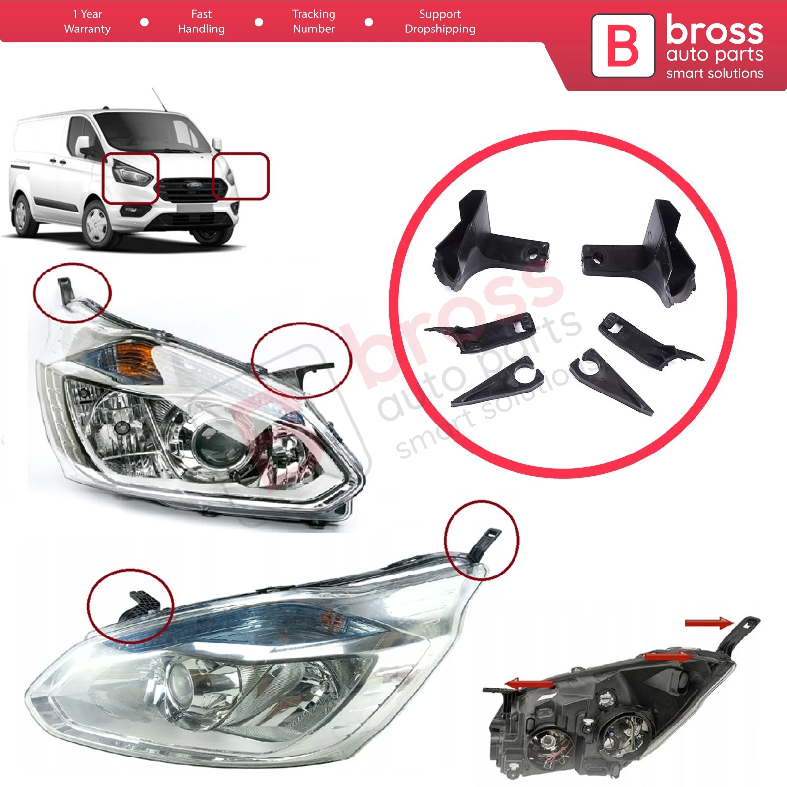 BHL571  Headlight Holder Mount Repair Bracket Tab Set Right Left Side for Ford Transit Tourneo Custom MK1 V362 2012-2018