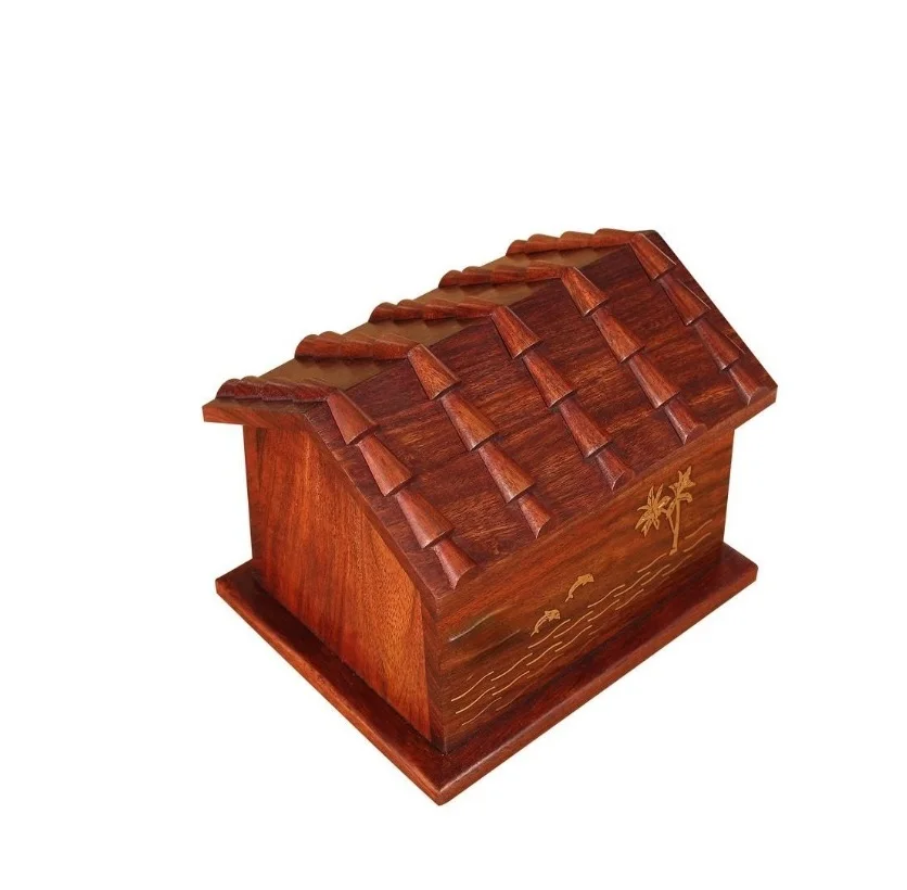 Handcrafted Rosewood Brass Inlay Beach Handmade Wooden URN 8.5x7x6.75 (Capacity 150 cu.in)