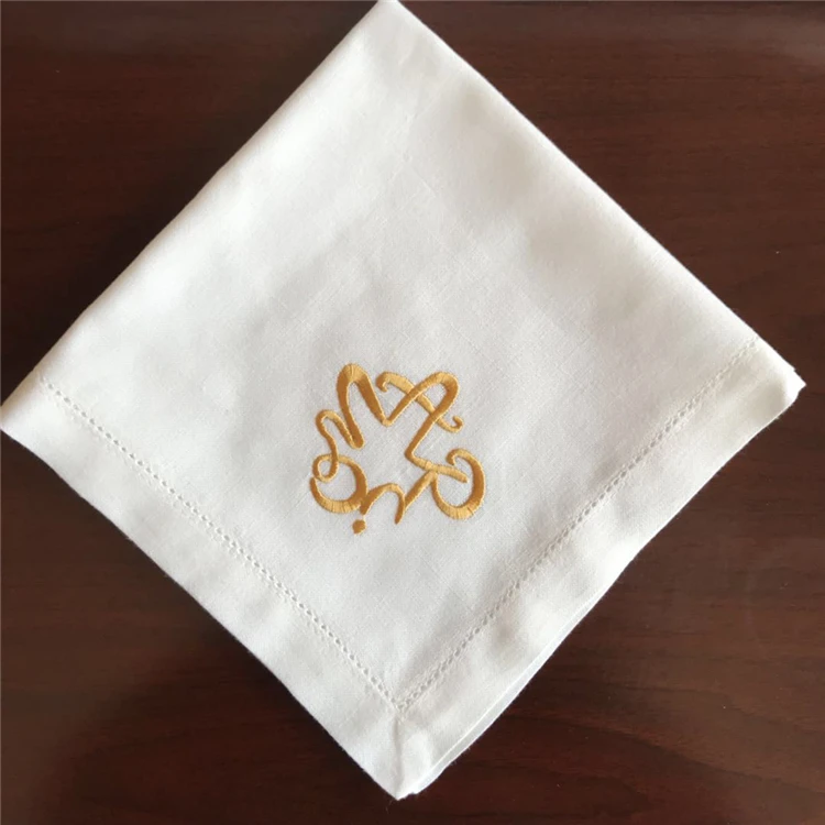 white cloth linen napkins embroidered Wholesale 100% Polyester table custom logo Wedding Restaurant Party  hemstitched napkin