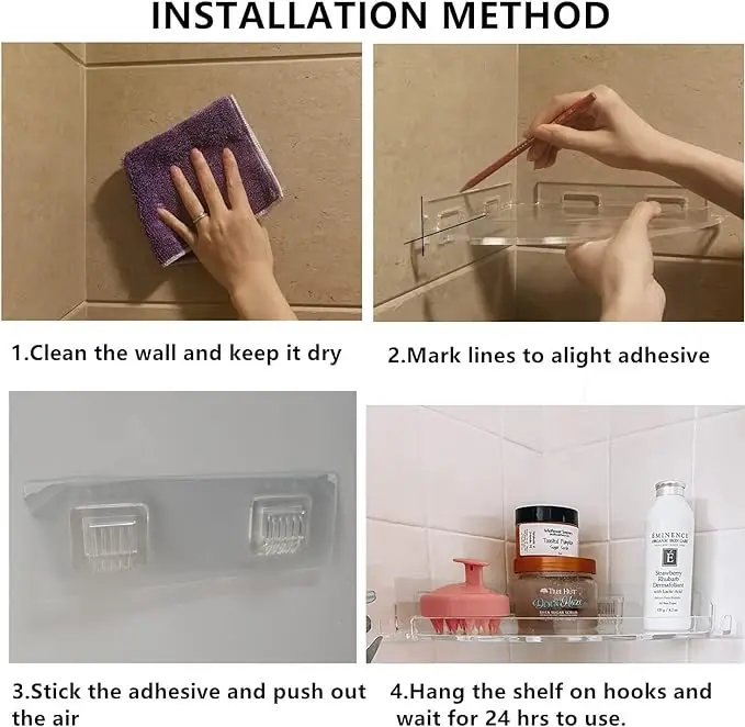 Adhesive Wall Mounted Bathroom Organizer for Inside Shower Caddy Shelf with Hooks 2 Pack