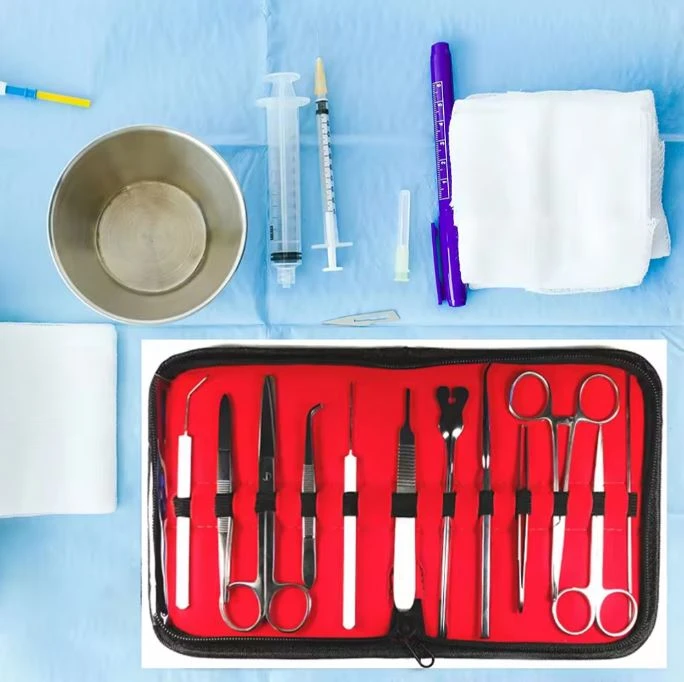 surgery kit 11 Pieces Surgical Kits With Scalpel Handle Knife Scissor Tweezers Tools Sets With Leather Case in wholesale price