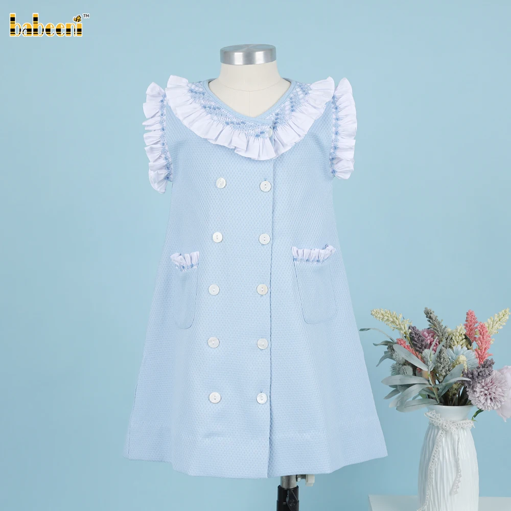 Girl Geometric Smocked Dress In Blue OEM ODM kids smocked baby dress smocked girl dress kids clothing wholesale - DR3802