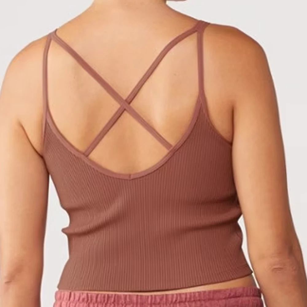 Integrated Bra Honeycomb Mesh Lining Performance Stretch Long Sleeve Rib-Knit Fabric Tank Top Light Support Cross-Strap Design