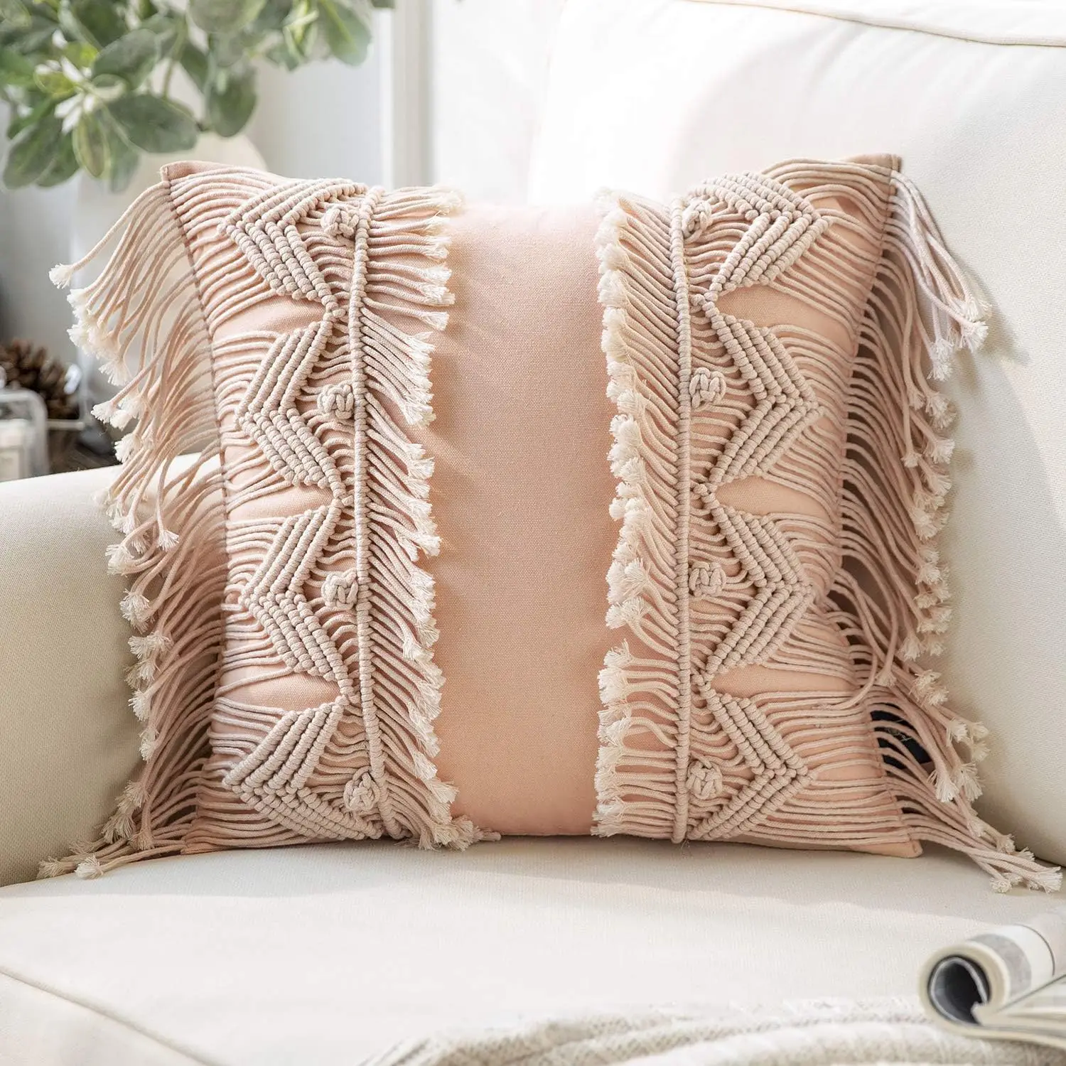 NATURE4U 100% Cotton Handmade Symmetry 3D Crochet Woven Boho Throw Pillow Farmhouse Pillow Insert Included Decorative Cushion