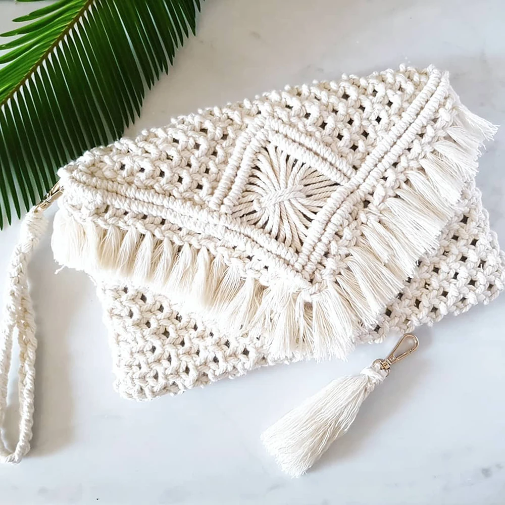 Modern Macrame Pouch Ladies Cotton Rope Hand Made Macrame Clutch With Sling Boho Ladies Wallet Hand Bag For Sale