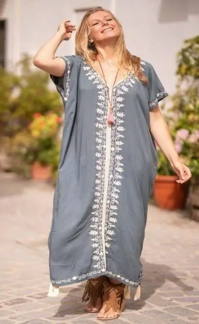 Indian Manufacturer Ladies Rayon Embroidered Long Kaftan Dress At Latest Discounted Price On Bulk Order