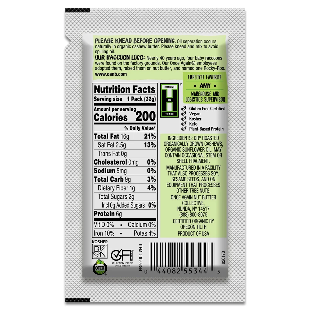 Premium Quality Organic Cashew Butter Unsweetened Organic Gluten free Vegan Kosher Certified and Peanut Free Pack of 10