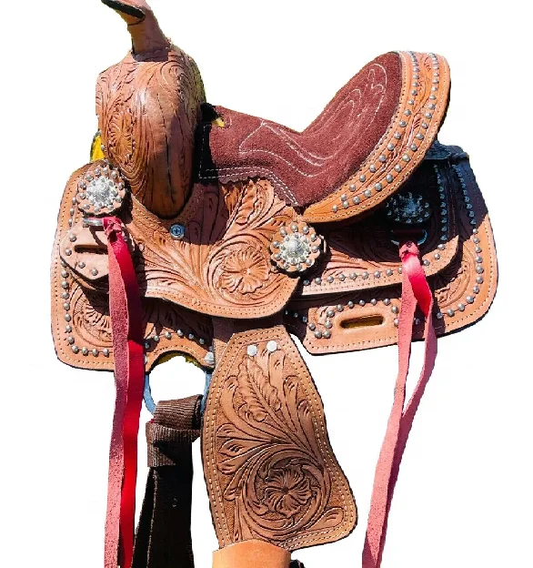 SK International Best Quality Leather Western Barrel Brown Soft Seat Horse Tack Saddle With Matching Set Available at Best Price
