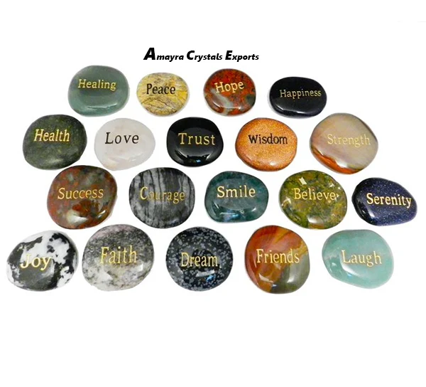 Spiritual Engraved Word Pocket Stones  Wholesale Engraved Stones for sale Worry stones From Amayra Crystals Exports