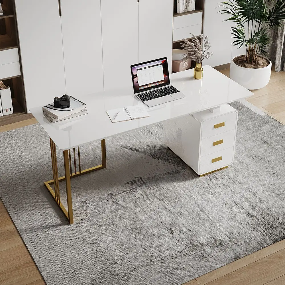 Luxury Office Furniture Working Desk With Drawers And Gold Stainless Steel Frame Glass Top Computer Work Table