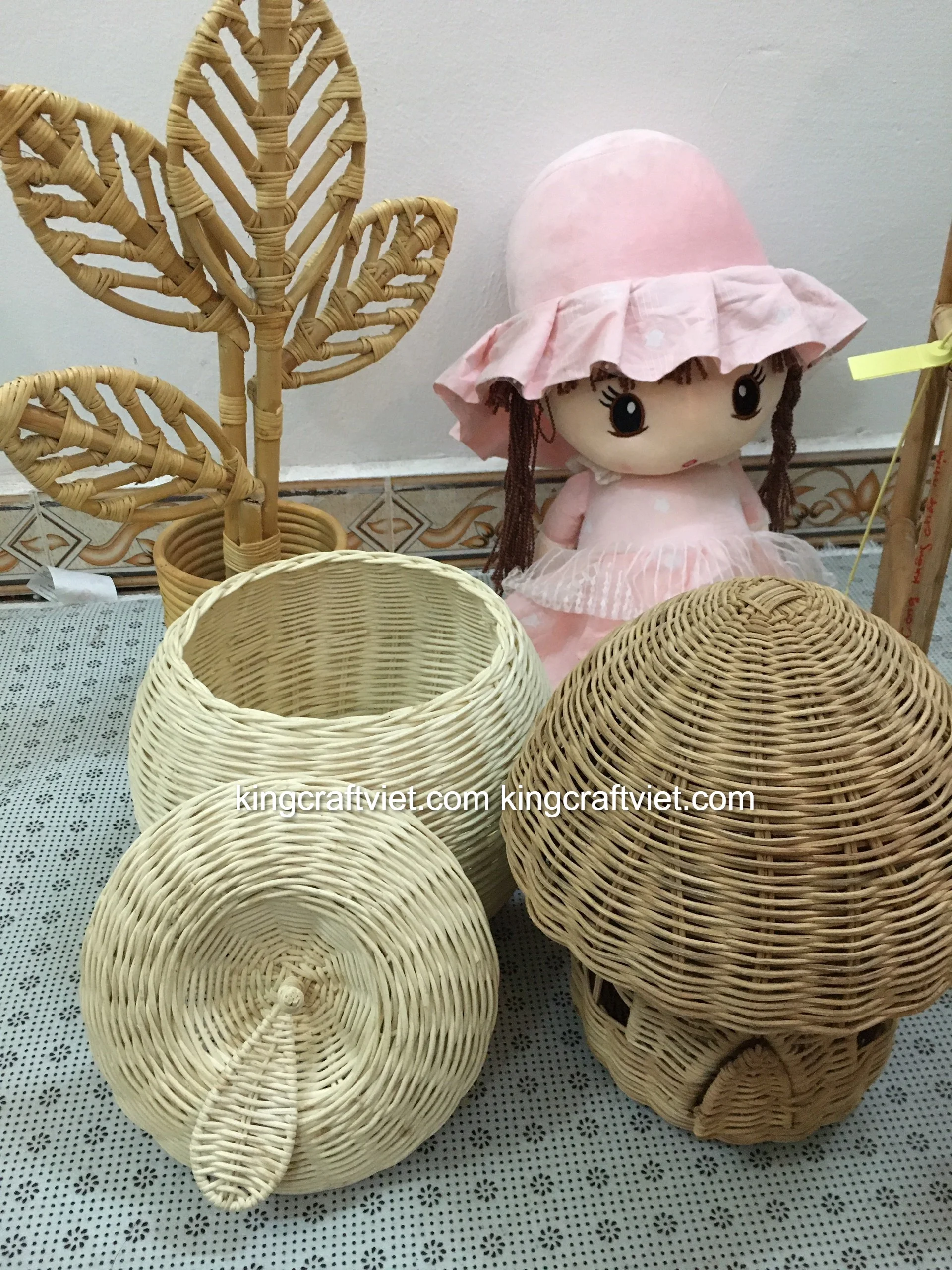 Handwoven White Rattan Mushroom House Home Decor Wicker Storage Kid Toys Vintage Table Lampshade Vietnam Manufacturer