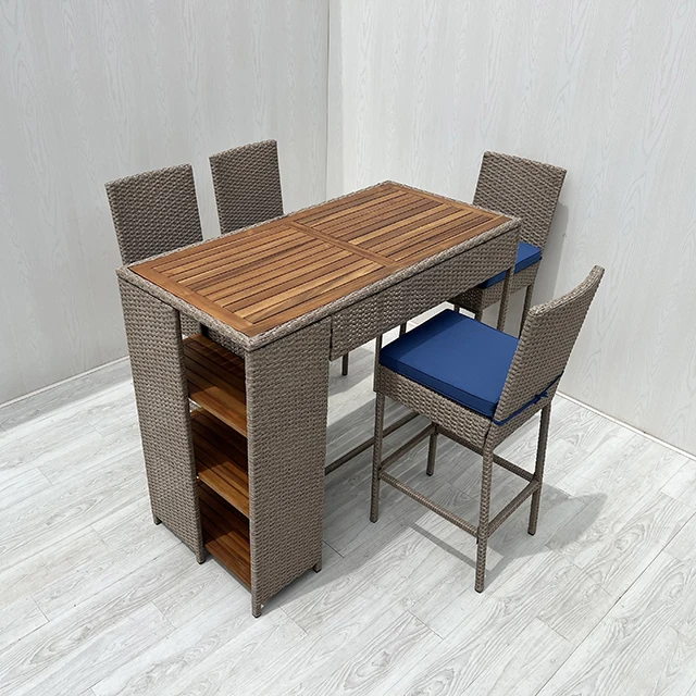 5-Piece Outdoor Dining Set with Acacia Wood Top Navy Blue Cushions Patio Bar Table & Rectangular Height Chair Rattan Material