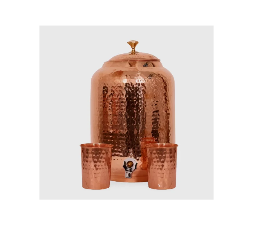 Best Quality Copper Water Cooler Custom Handmade Hammered Water Cooler Copper With Glass and Steel Stand Made in India