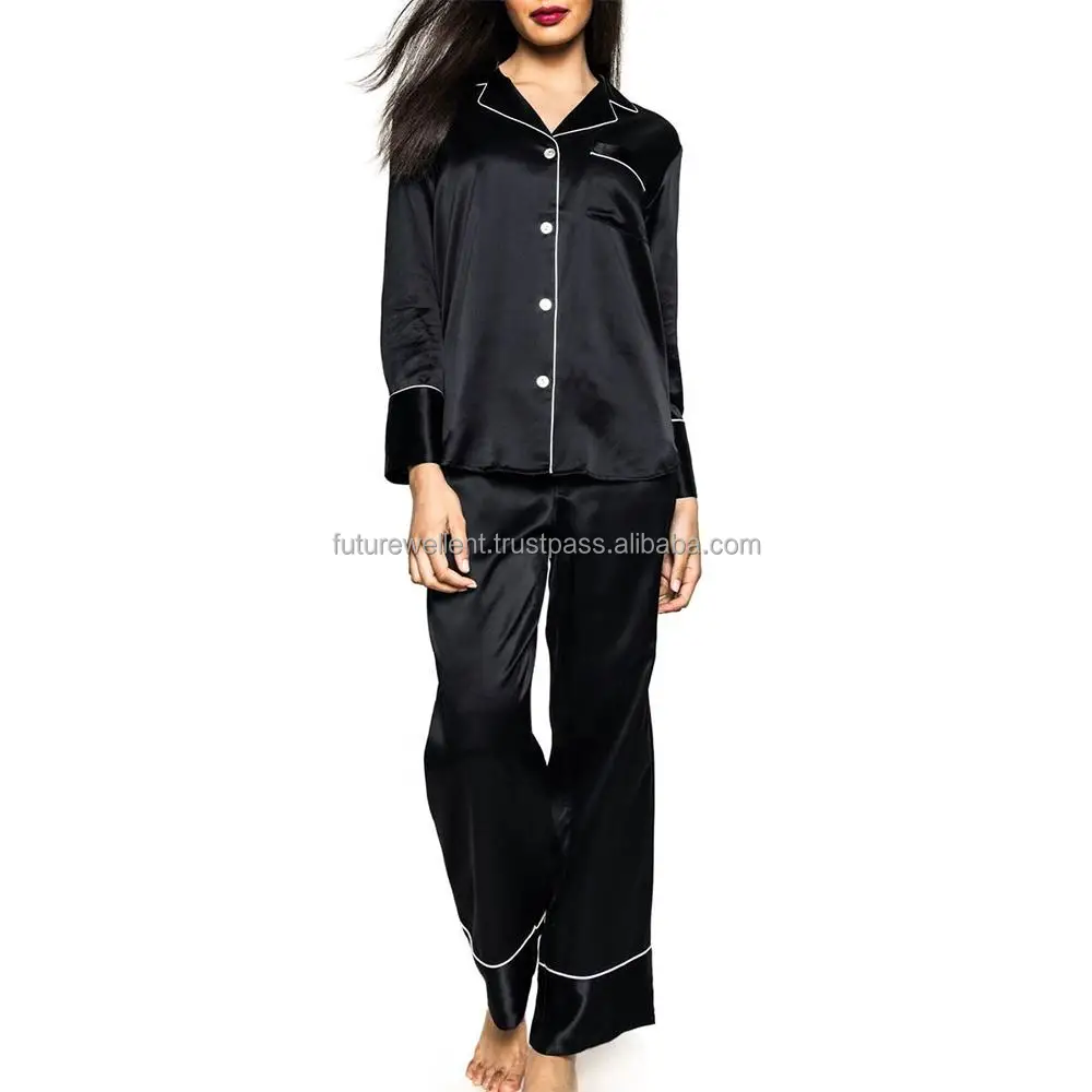 Women Best Quality Sleepwear  Satin Silk Two Piece Night Dress For Ladies Fashion Sleeping Suit Hot Black Sexy Night Dress