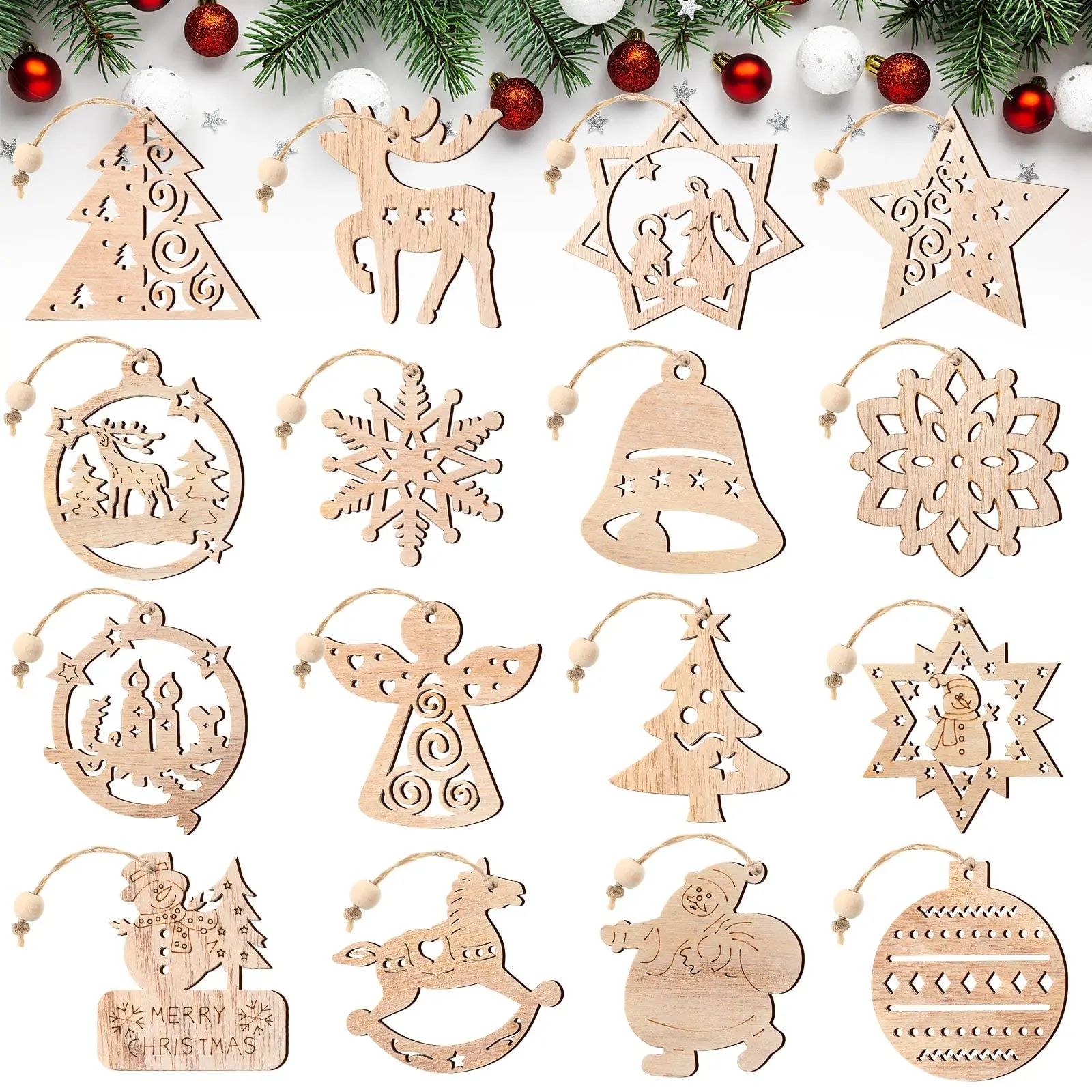 48 PCS Christmas Wooden Ornaments Hanging Ornaments with Beads Wood Snowflakes Crafts  for Christmas Tree Painting DIY Craft