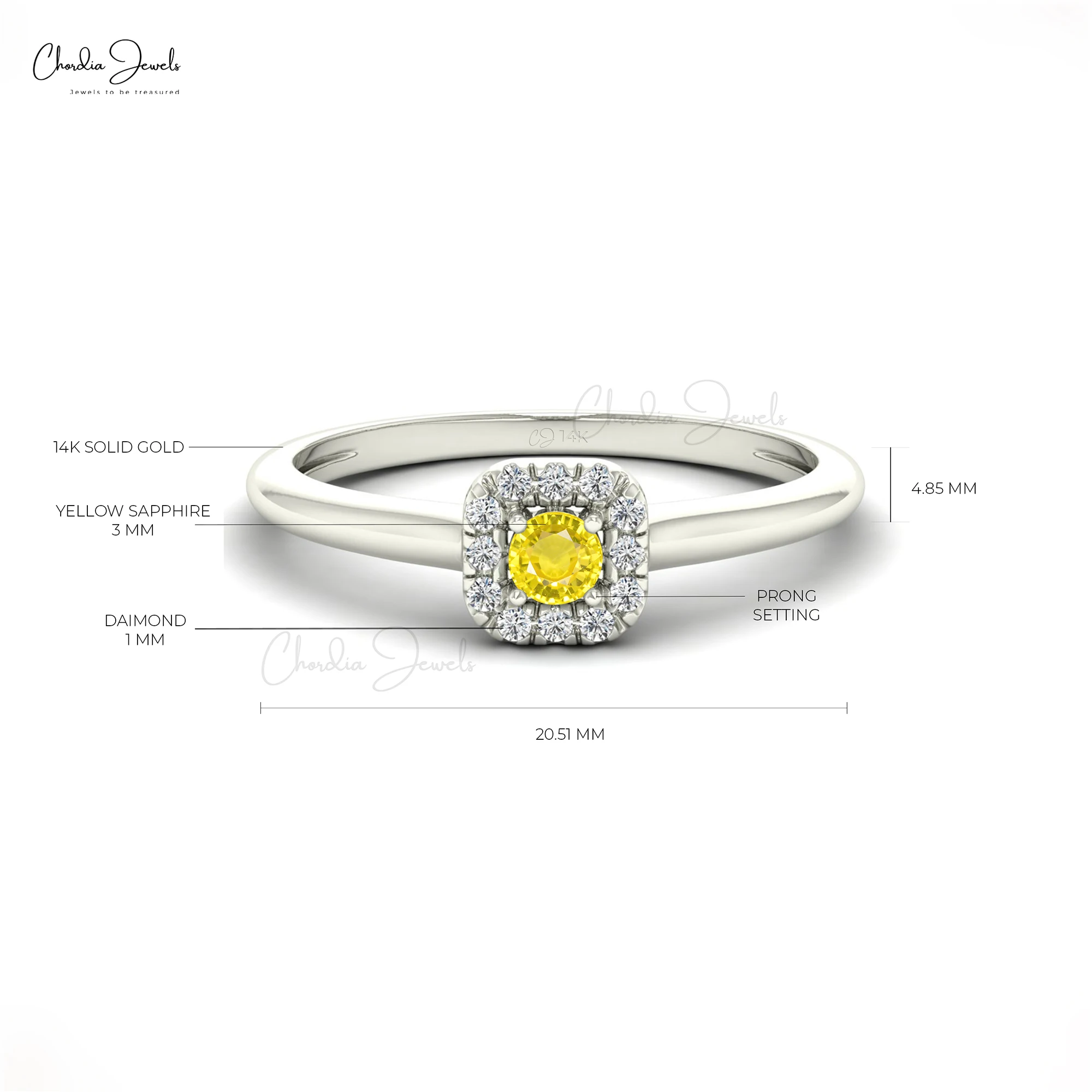 0.13 Carat Yellow Sapphire Round Cut Gemstone Ring for Wedding 14K Solid Gold Jewelry 1MM Round Cut Natural White Diamond Ring