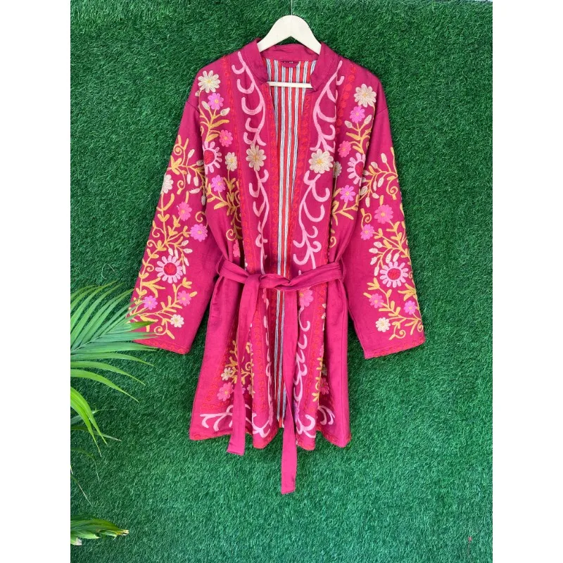 Floral Design Women Jacket Suzani Embroidered 100% Cotton Short Kimono Coat Comfortable New Hot Demanding Adults Christmas Sale
