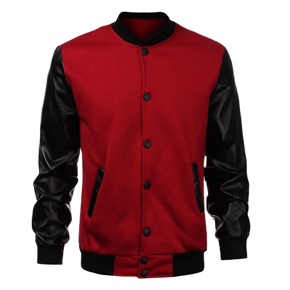 Best Sale New Arrival Men Red And Black Winter Warm Comfortable Baseball Fashion Pu Leather Sleeve varsity Baseball Jacket