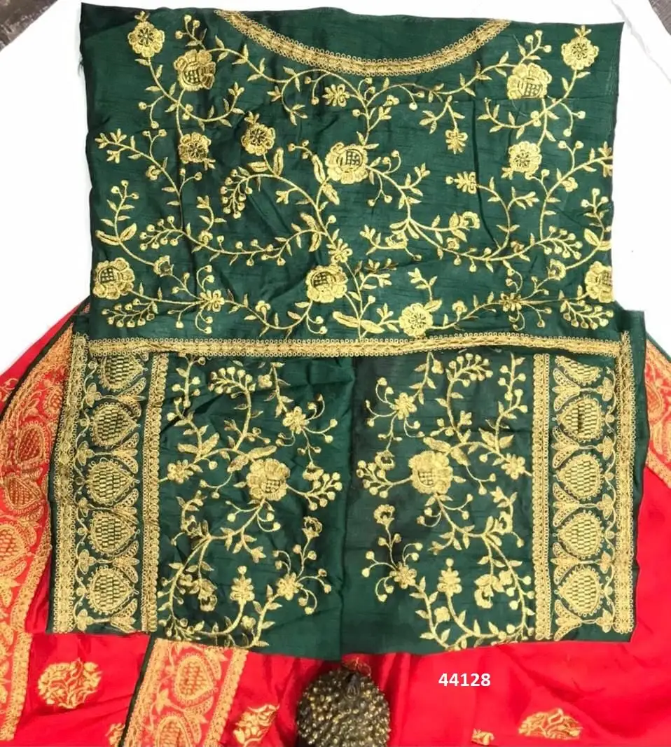 New Trends Vichitra Silk Sexy Red Saree With Green Blouse Fully Embroidery Bridal Sari Design For Wedding wear 2023 for bridal