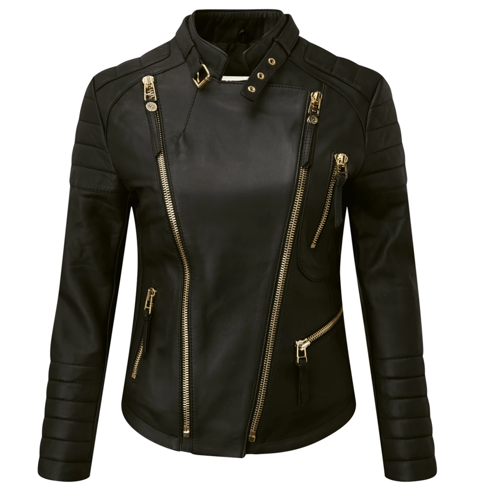 Custom Fashion lady Short Slim Streetwear Casual Oversized Solid Female Outwear Coat black Motorcycle Leather Jacket for women