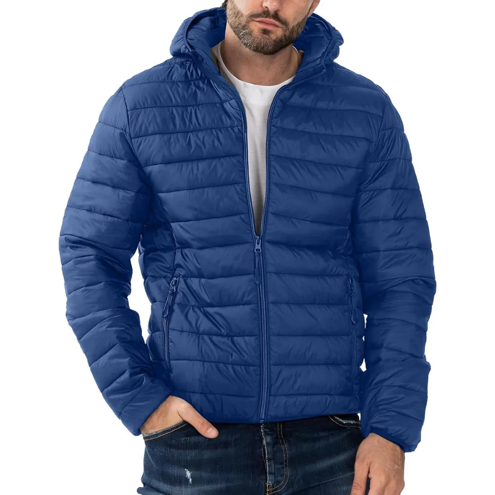 Buy Men Hooded Lightweight Premium Quality 100% Polyester Blue Color Puffer Jacket With Custom Logo