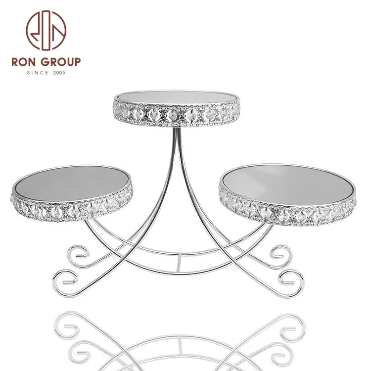 New Design Luxury OEM Party Wedding Banquet Decoration 3 Tier Round Metal Silver Cupcake Tray Mirror Cake Stand with Pearl Edge