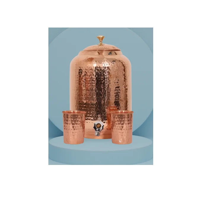 Best Quality Copper Water Cooler Custom Handmade Hammered Water Cooler Copper With Glass and Steel Stand Made in India