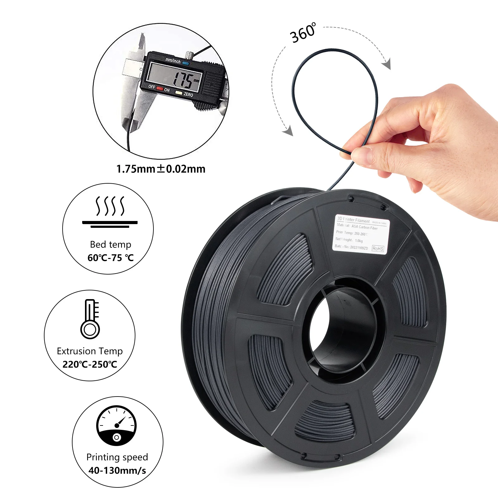 High quality 1.75 MM 1 KG Spool Plastic ASA Carbon Fiber Filament For 3D Printer