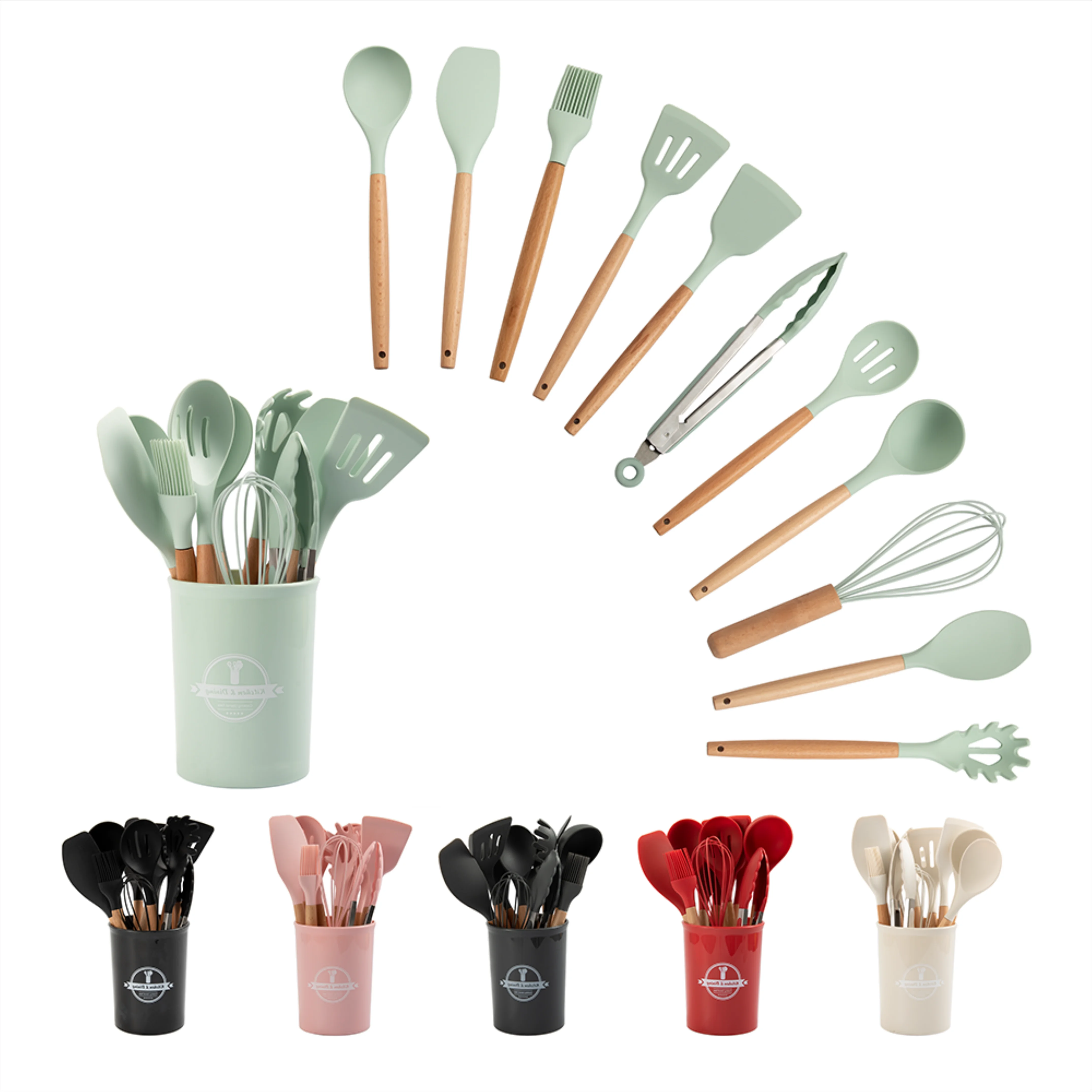 Factory Wholesale 12 Pieces Silicone Kitchen Accessories Cooking Tools Kitchen Spatula Utensils Sets with Wooden Handle
