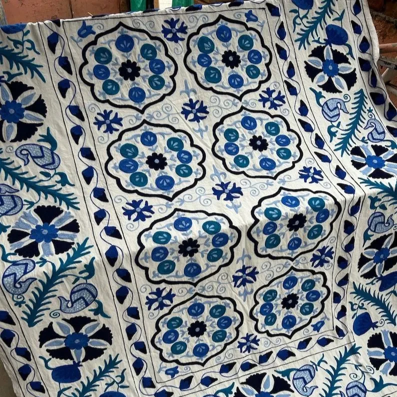 Cotton Suzani Blanket, Hand Bed sheet Bedspread Embroidery, Wall Hanging Uzbek Suzani, Table Cover