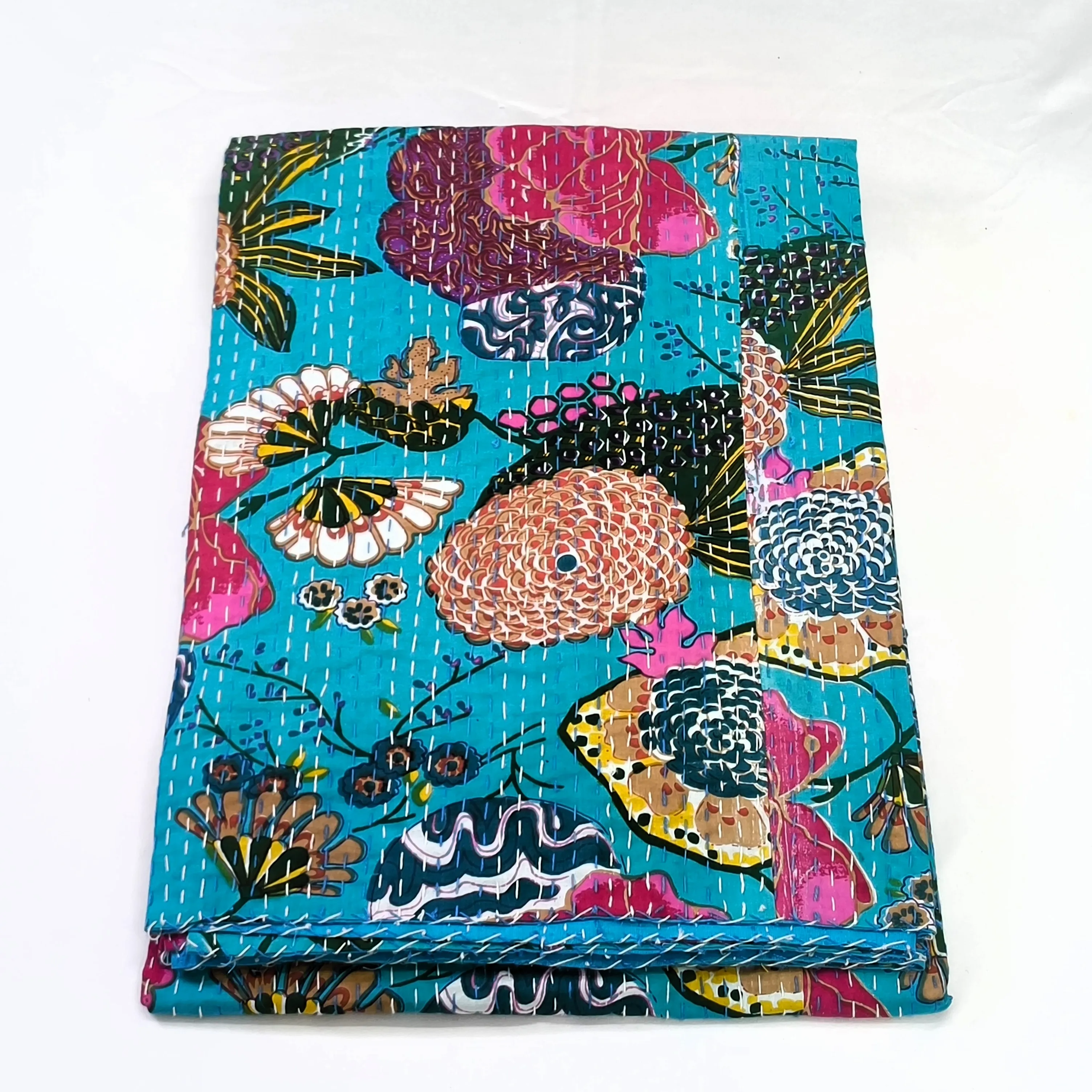 Indian Wholesaler of Handmade Quilt Vintage Tropicana Fruit Print Cotton Kantha Bedspread Blanket