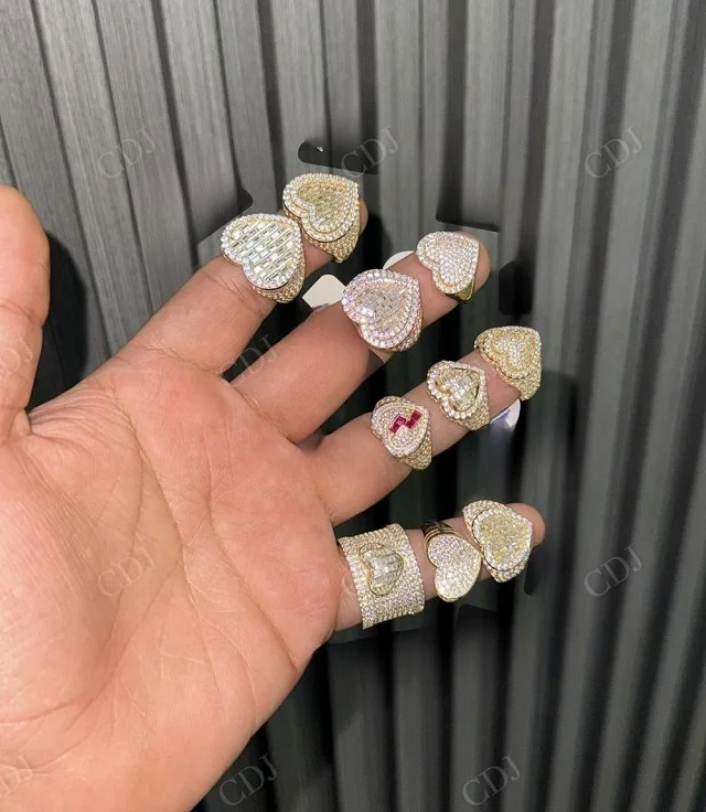 New Arrival Different untick Design Moissanite Sterling Silver Heart Shape 2 Tone Super Iced Out Diamond Ring for Hip Hop Mens