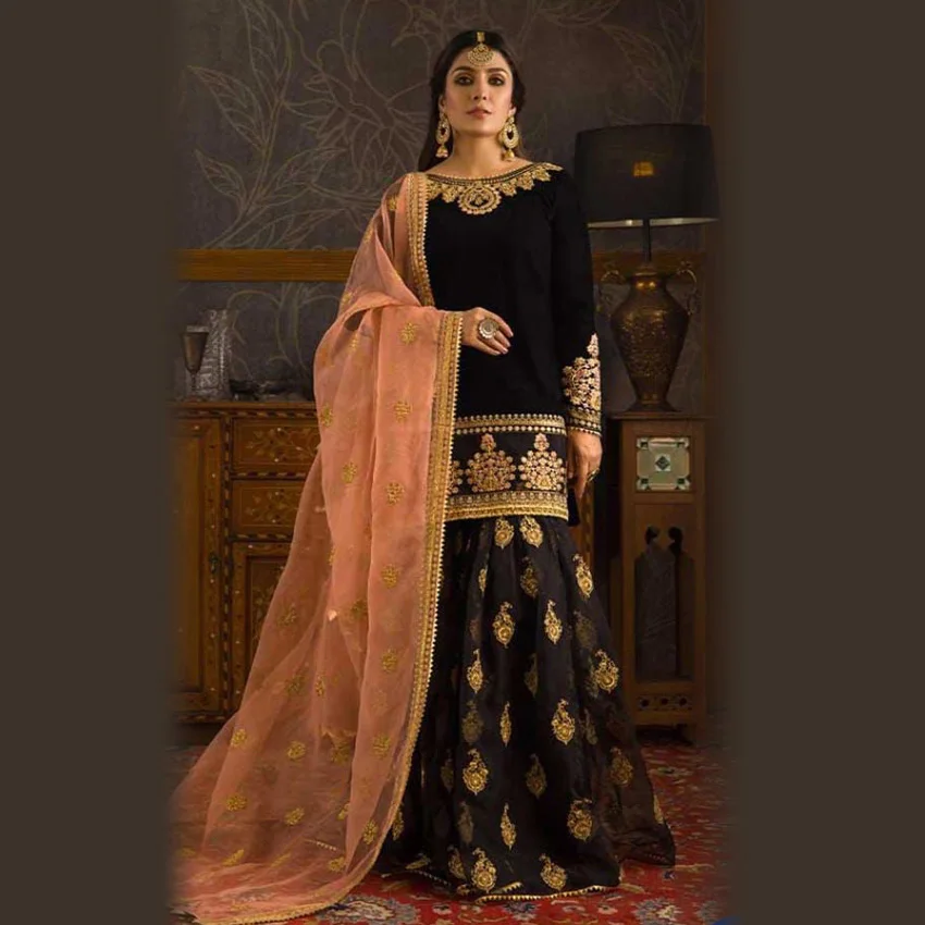 Wholesale Pakistani Indian Style women s party wear at Velvet Fabric Sequence Embroidered Organza Dupatta and Net Sharara