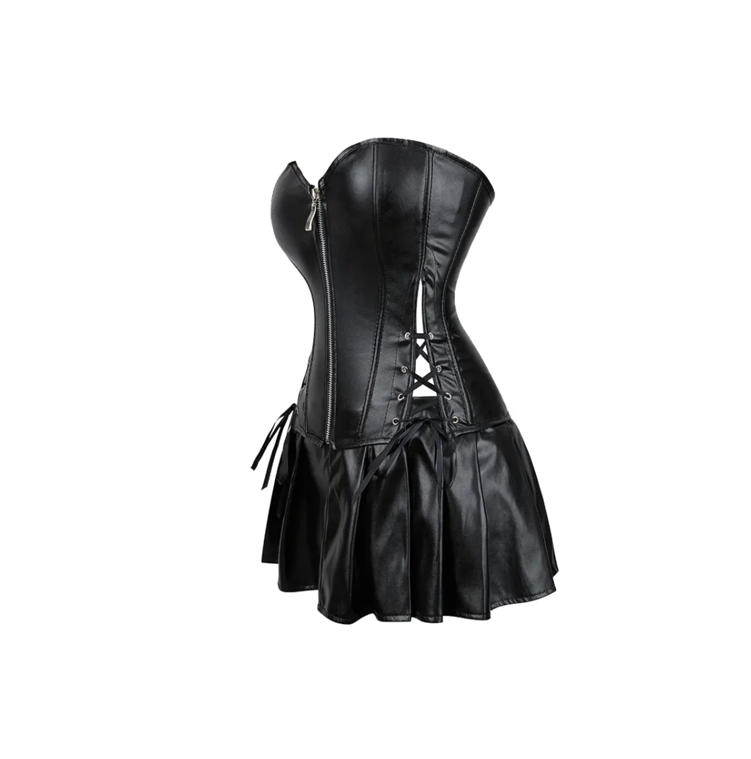 Lady Sexy Mini  Leather Nightclub Clothes Black Solid color Strapless Dress hip skirt slim Mini skirt