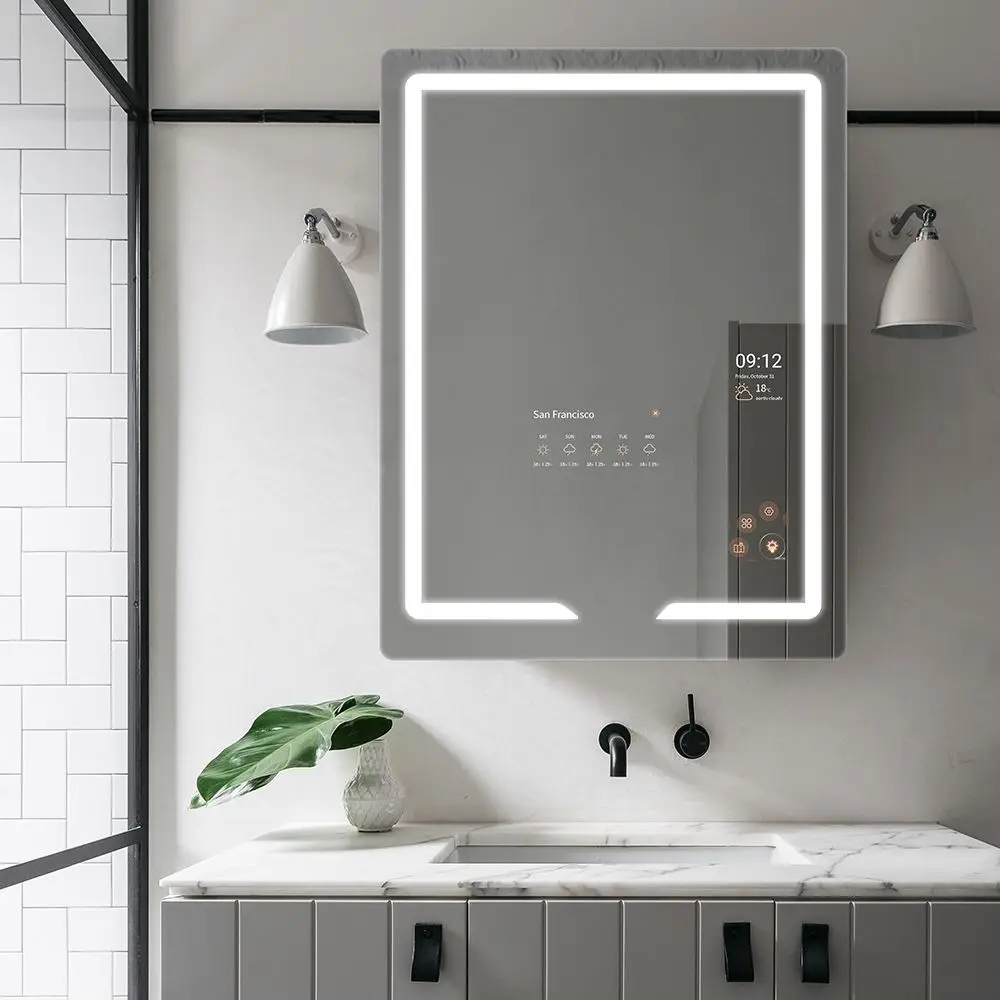 Wholesale touch screen rectangle bath mirror smart LED light induction bluetooth antifogging bathroom mirror