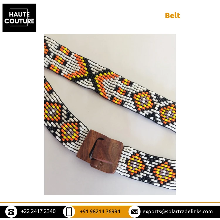 Latest New Design Handmade Beaded Belts for Women Ladies Casual Wear Elasticated Hand Embroidered Belt with Wooden Buckle