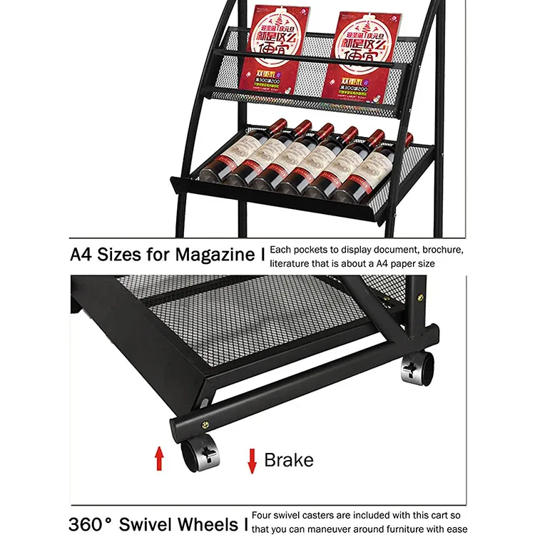 JH-Mech Poster Sign Display Stand Portable Rolling Literature Magazines Rack with 3 Pockets Large Metal Floor Sign Holder Stand