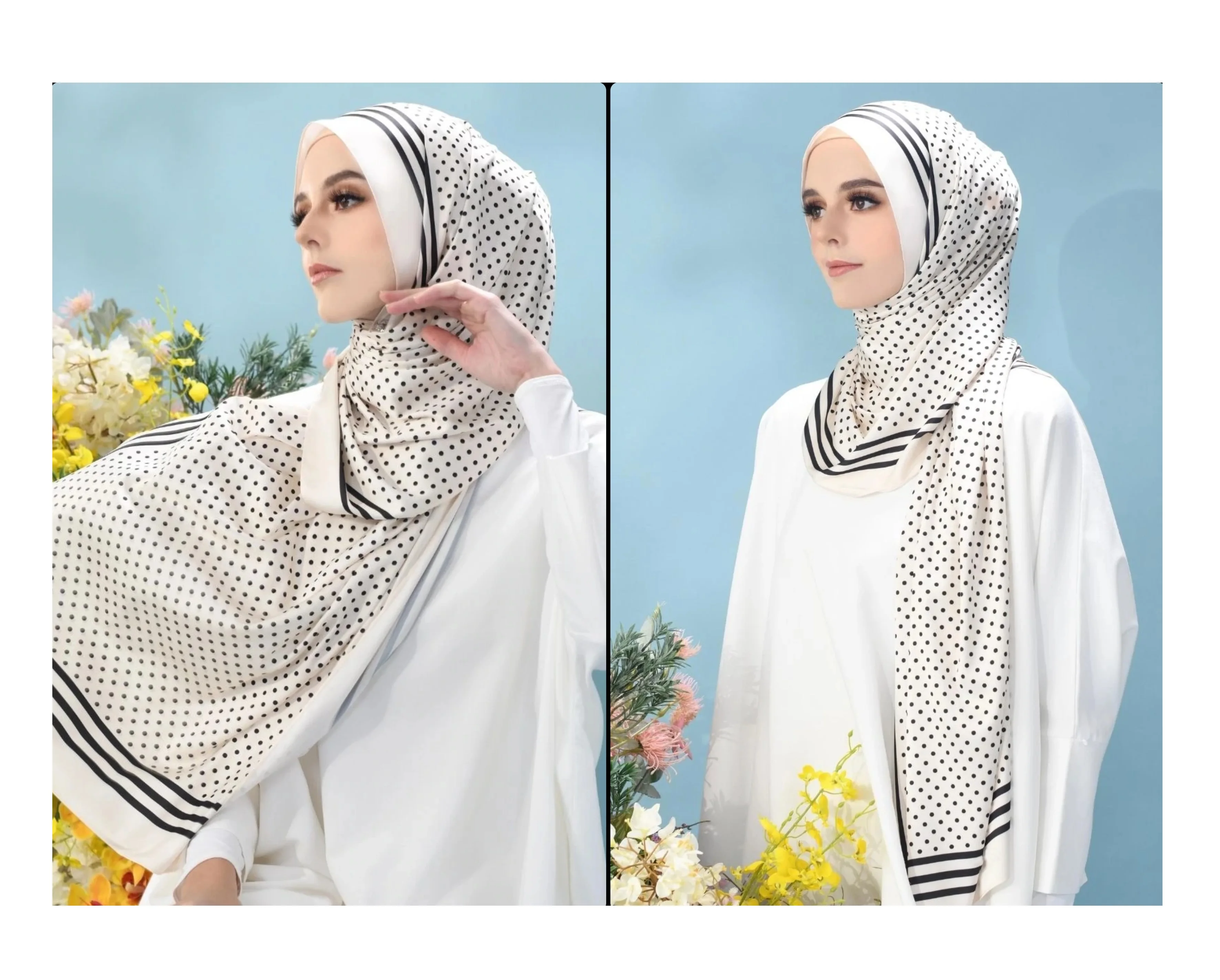 Soft Polyester Silk White Black Printed Polka Dot Women Scarf Stoles Scarves (Custom Print Available)