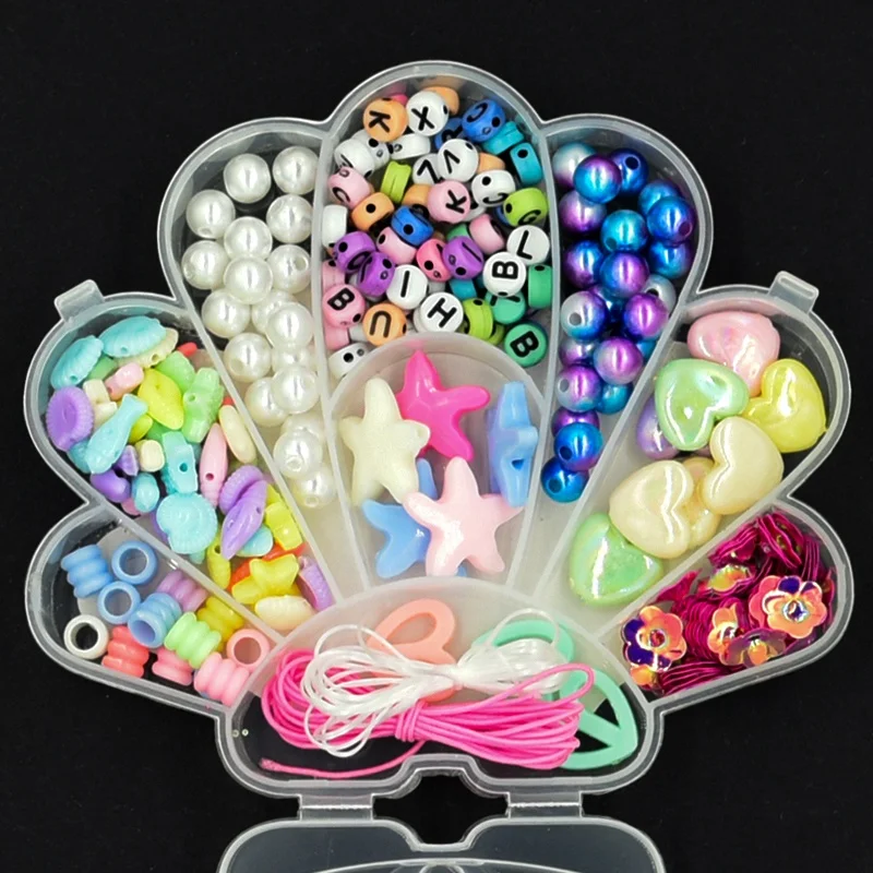 Hot Selling Kid Cartoon Seashells Plastic Acrylic Alphabet Letter Mermaid Color Faux Pearl DIY Beads For Bracelet Making Kit