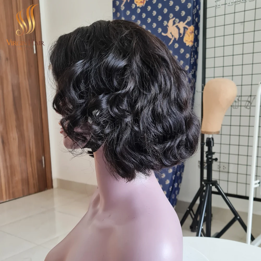 Super Double Drawn Vietnamese Hair Natural Wavy Short Hd Lace Frontal Raw Cambodian Hair Wig