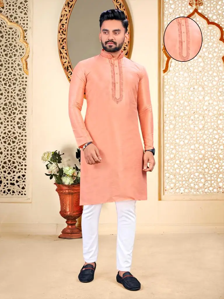 Designer Latest Kurta Round Neck Collar Embroidery work Mens Kurta Pajama Set Wholesale Cheap Rate Surat
