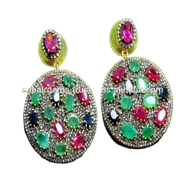 Natural Blue Sapphire & Diamonds Emerald 925 Sterling Silver Earring