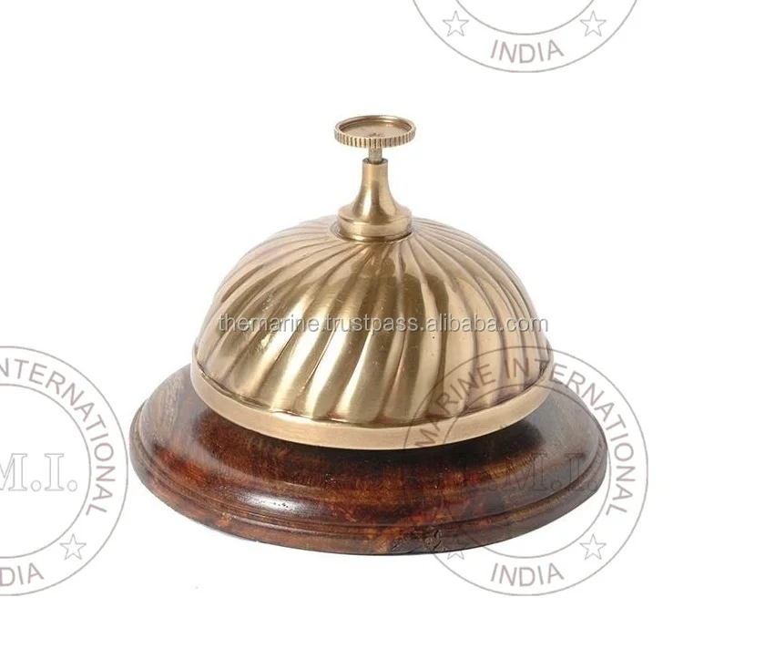 Brass Desk Bell with Wooden Base  Collectible Office Table Bell