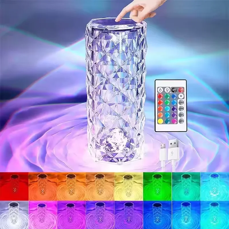 RGB 16 Color Touch Remote Control Bedside Decor Rose Desk Table Lamp USB Rechargeable Acrylic Crystal Decoration LED Night Light