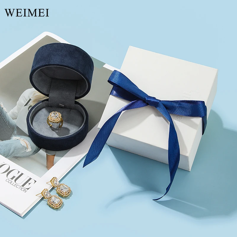 WEIMEI Luxury cylinder blue velvet white paper outer box jewelry weeding ring packaging with Riband