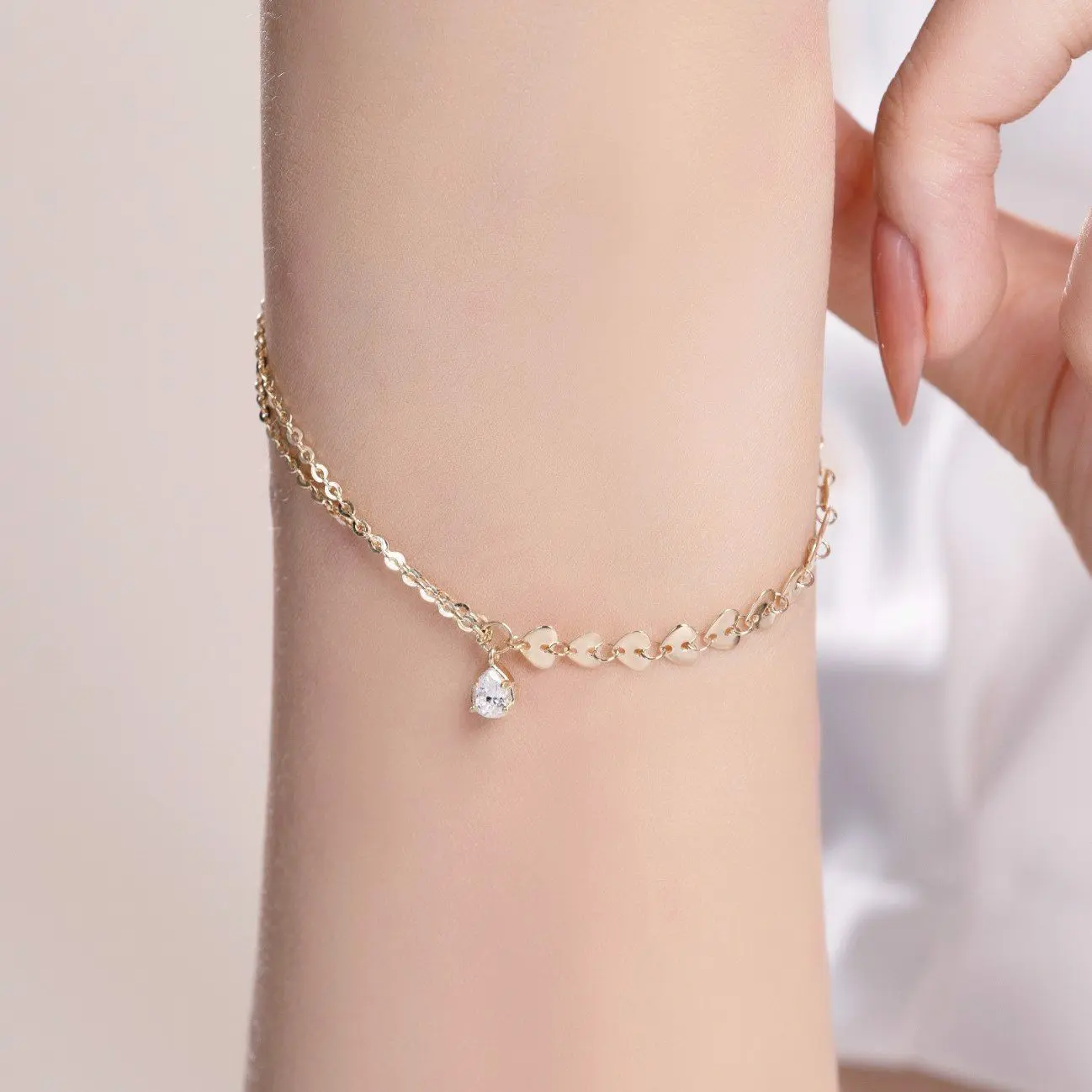 14k Gold Jewelry Wholesale Real Gold Link Chain Heart Shaped Bracelet For Girl Trendy Korea Design Water Drop StoneLLF151