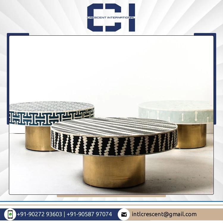 High Quality Hot Selling Round Bone Inlay Coffee Table with Metal Base Center Tables for Lounge Area from India