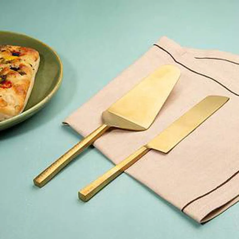 Wedding Decorating Square Design Handle Cake Knife & Server Serving Set Amazing Design Stainless Steel Gold Matte Spatula Set