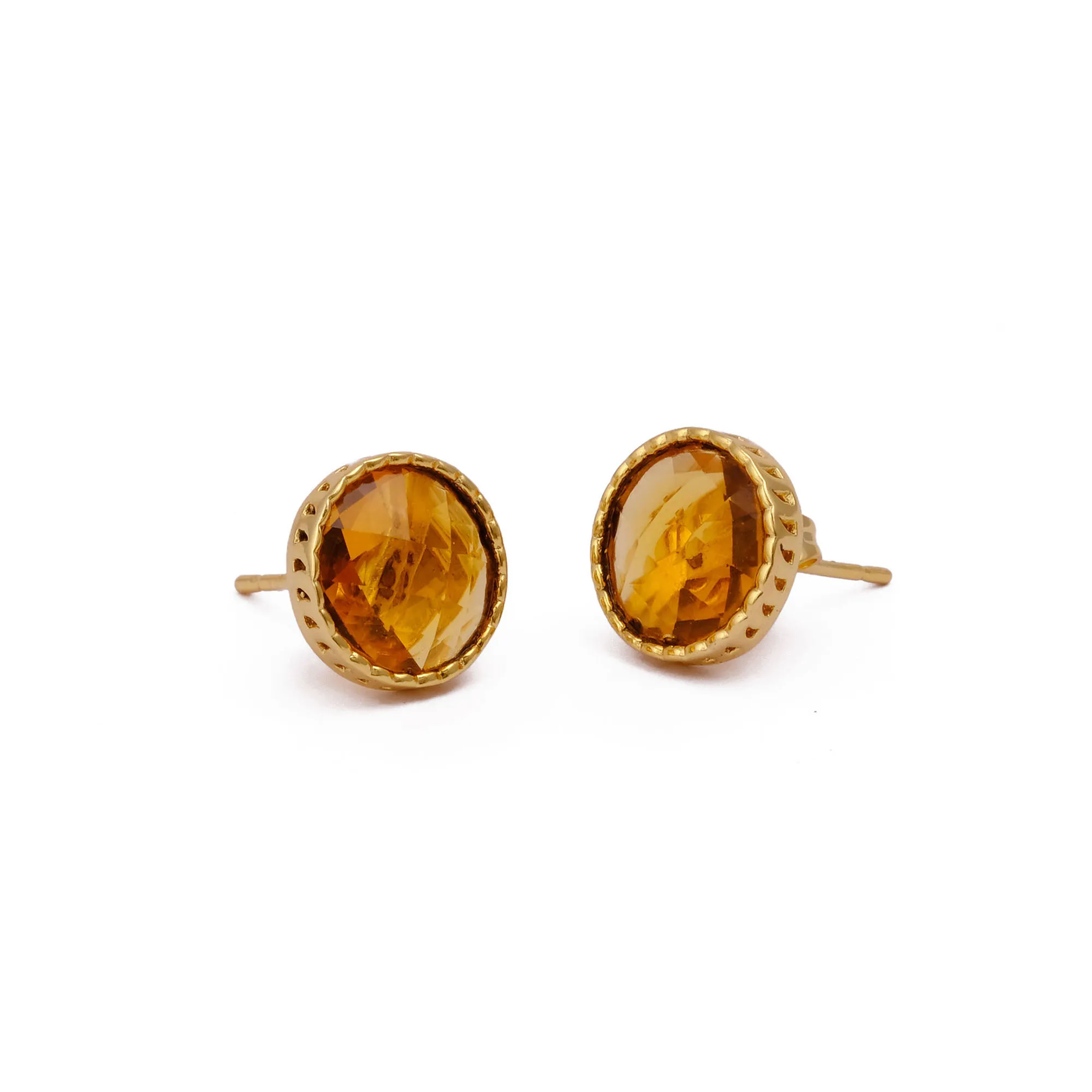 Citrine Hydro Quartz Gold Plated Birthstone Stud Earrings Trendy Wholesale Supply Jewelry Collet Set Jewelry Studs Earring